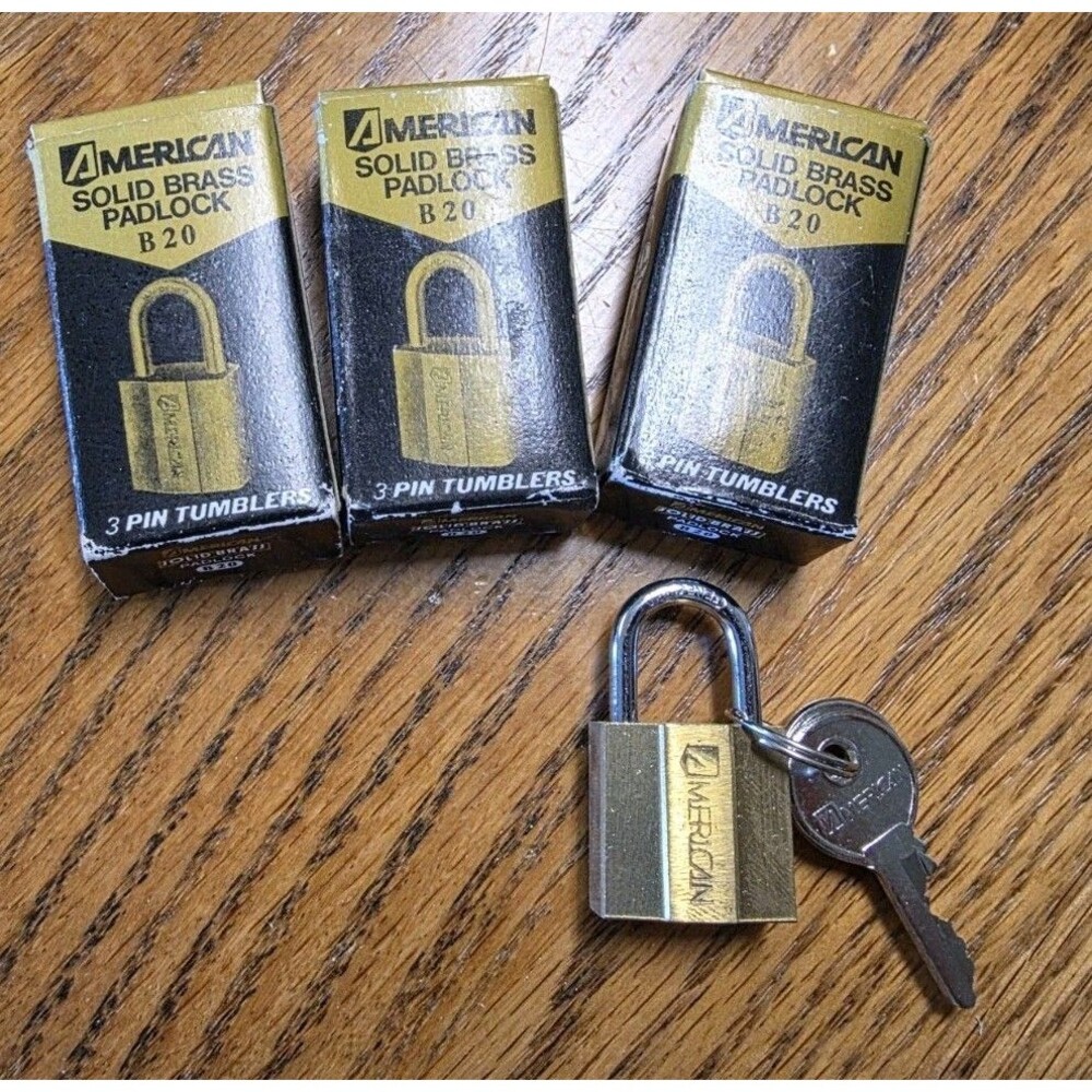 American B20 Solid Brass Hardened Padlock Lock w/ Key 3 Pin Tumbler Lot of 3